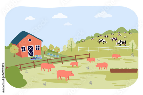 Farm house, apple trees, vegetable patches, pigs and cows. Vector illustration. Organic products, animal protection concept