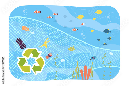 Fishery net with plastic bottles and  rubbish. Recycle sign. Fish in ocean. Vector illustration. Marine wildlife, ocean conservation concept 