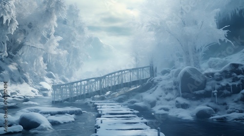 A network of ice bridges crosses a frozen river, connecting the snow-covered banks and offering a magical path through the winter landscape, creating an enchanting and otherworldly journey in the sno © Imagination Ink
