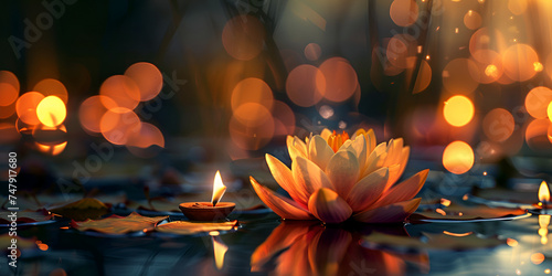 Buddha purnima vesak day lotus flower and burning candle generative ai,3d Render Of A Pond With Floating Candles Background

 photo