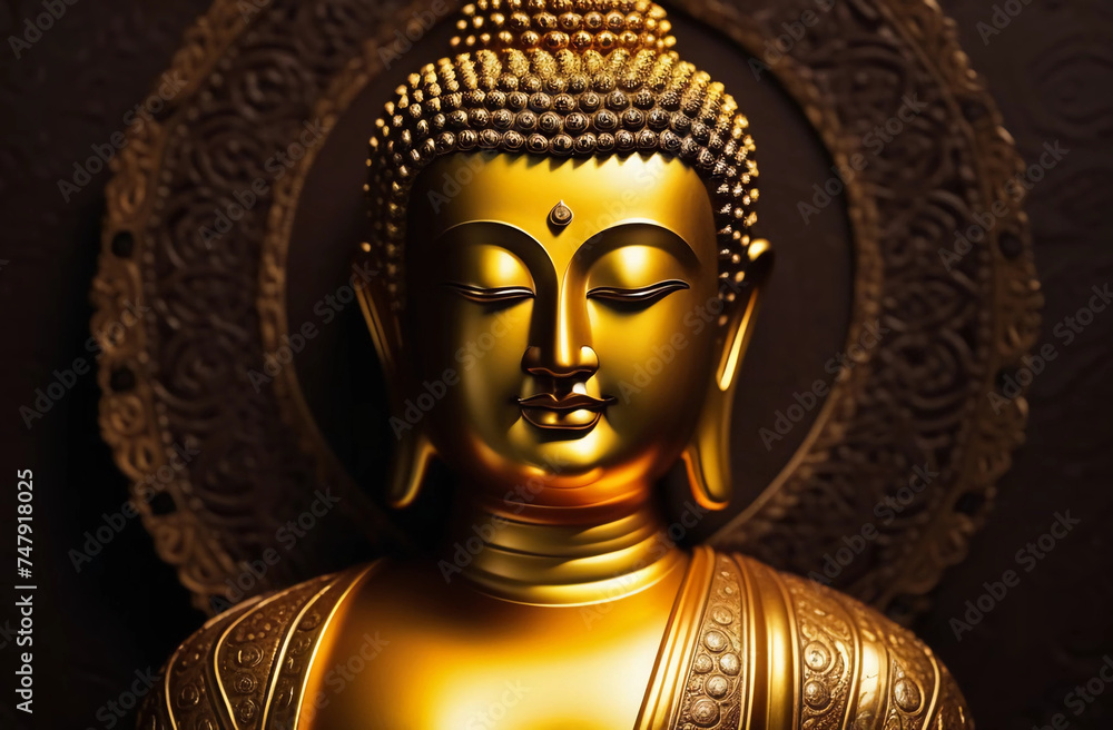 Portrait of a golden buddha on a dark background. Generative AI