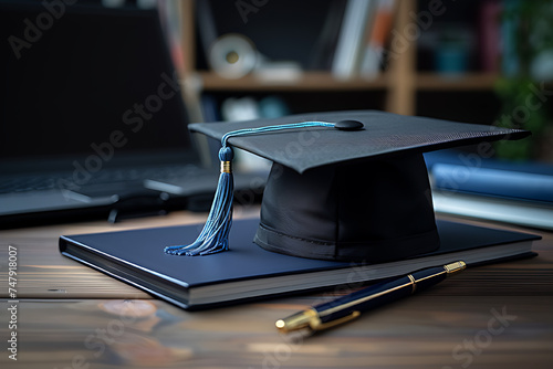 Graduation cap and book, bachelor and diploma.