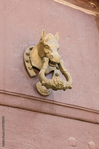 Vintage door knocker horse shaped on wooden door