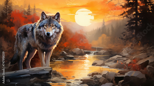 Watercolor painting of a wolf in nature The setting sun shines beautifully.