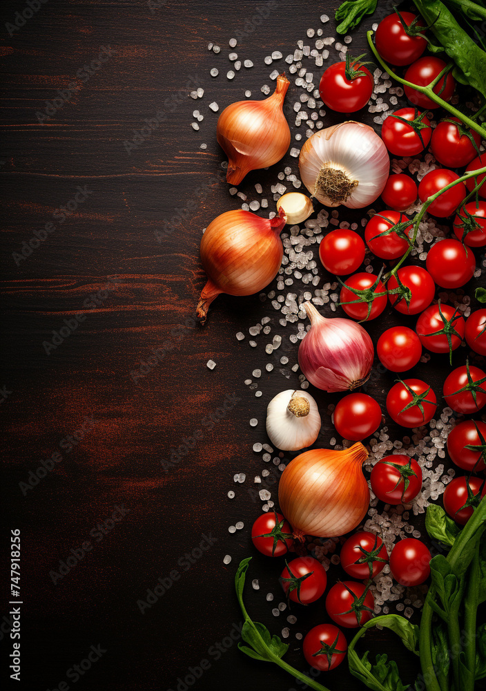 Frying onions, pepper, garlic, and ketchup on old green board, in the style of minimalist backgrounds сreated with Generative Ai Frying onions, pepper, garlic, and ketchup on old green board, in the style of minimalist backgrounds сreated with Generative Ai