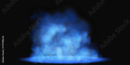 Fog or smoke, blue smog cloud on isolated transparent special effect. Vector illustration, morning fog over land or water surface, magic haze.