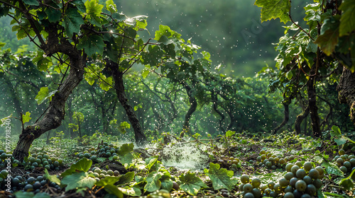 des vignes détruites par un orage avec des grappes de raisins à terre