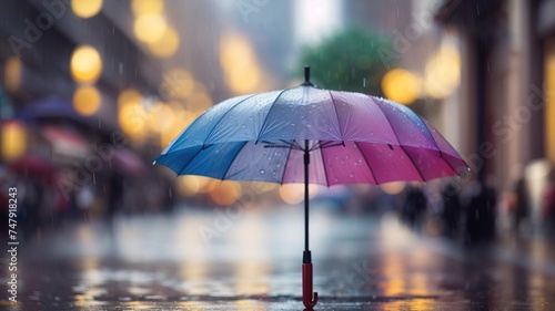 Raindrops on a umbrella outside on a rainy day