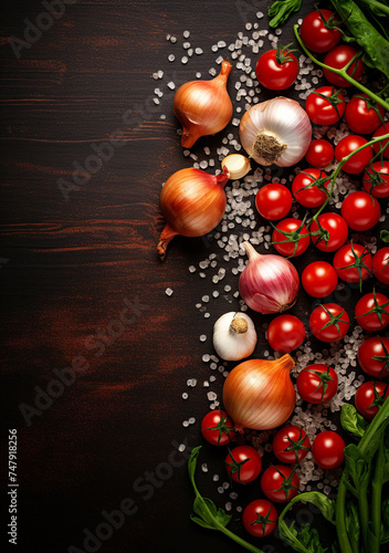 Frying onions, pepper, garlic, and ketchup on old green board, in the style of minimalist backgrounds сreated with Generative Ai