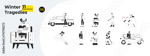 Freezing cold weather black and white cartoon flat illustration bundle. Winter outerwear diverse women, men 2D lineart characters isolated. Wintertime monochrome vector outline image collection