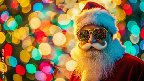 A Santa Claus sporting sunglasses and a full white beard