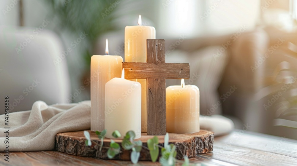 A wooden cross stands central among lit ivory candles on a rustic wood slice, conveying a peaceful, spiritual atmosphere.