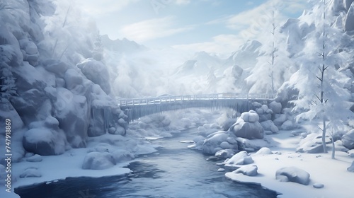 A network of ice bridges crosses a frozen river, connecting the snow-covered banks and offering a magical path through the winter landscape, creating an enchanting and otherworldly journey in the sno