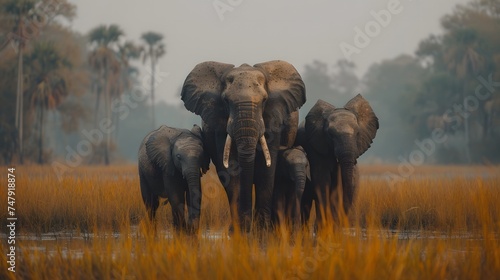 family of elephants in a serene savannah