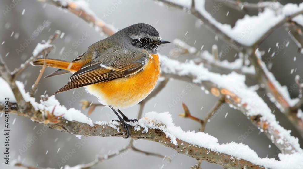 An orange-breasted bird perches on a snow-covered branch during a gentle snowfall, creating a serene winter scene. An orange-breasted bird perches on a snow-covered branch during a gentle snowfall, creating a serene winter scene.