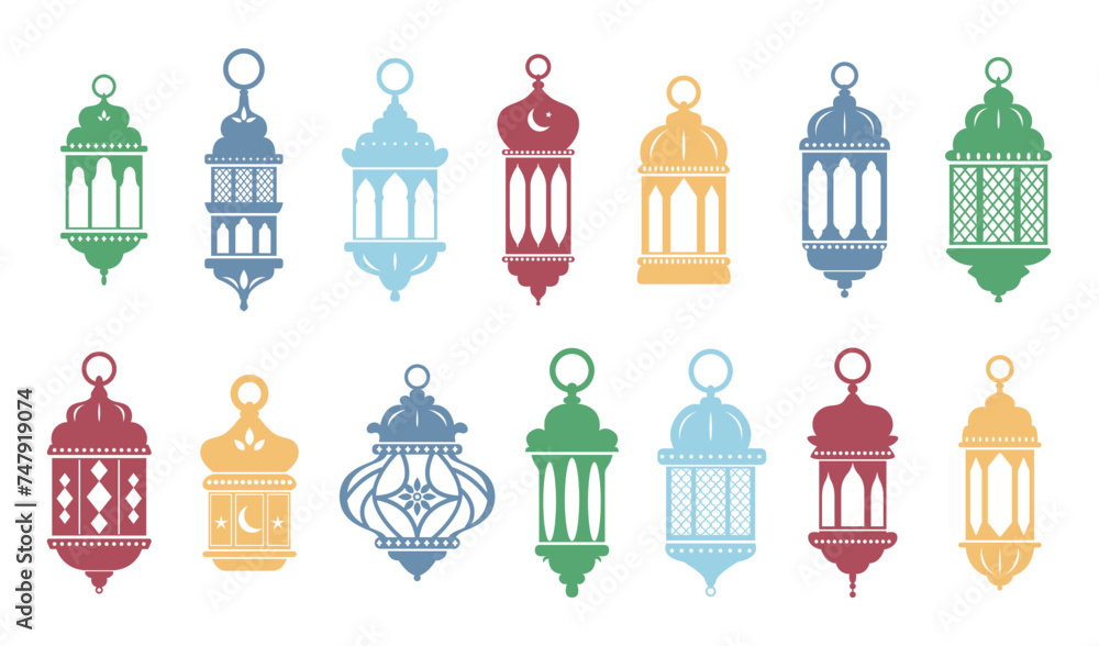Vector Ramadan arabian islamic lanterns color shapes set isolated on white. Vintage lamps silhouettes. Arabesque eastern style clipart.
