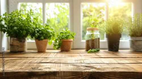 Pots of fresh herbs basking in the sunlight on a rustic kitchen window ledge  ready for culinary use.