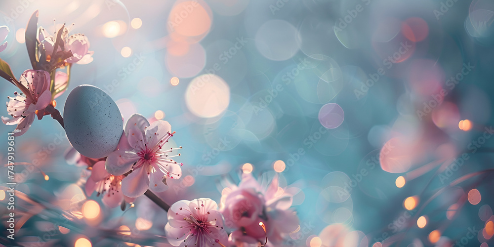 White and blush cherry blossom background with easter   eggs,beautiful aesthetics, festive, celebration, pastel colors - obrazy, fototapety, plakaty 