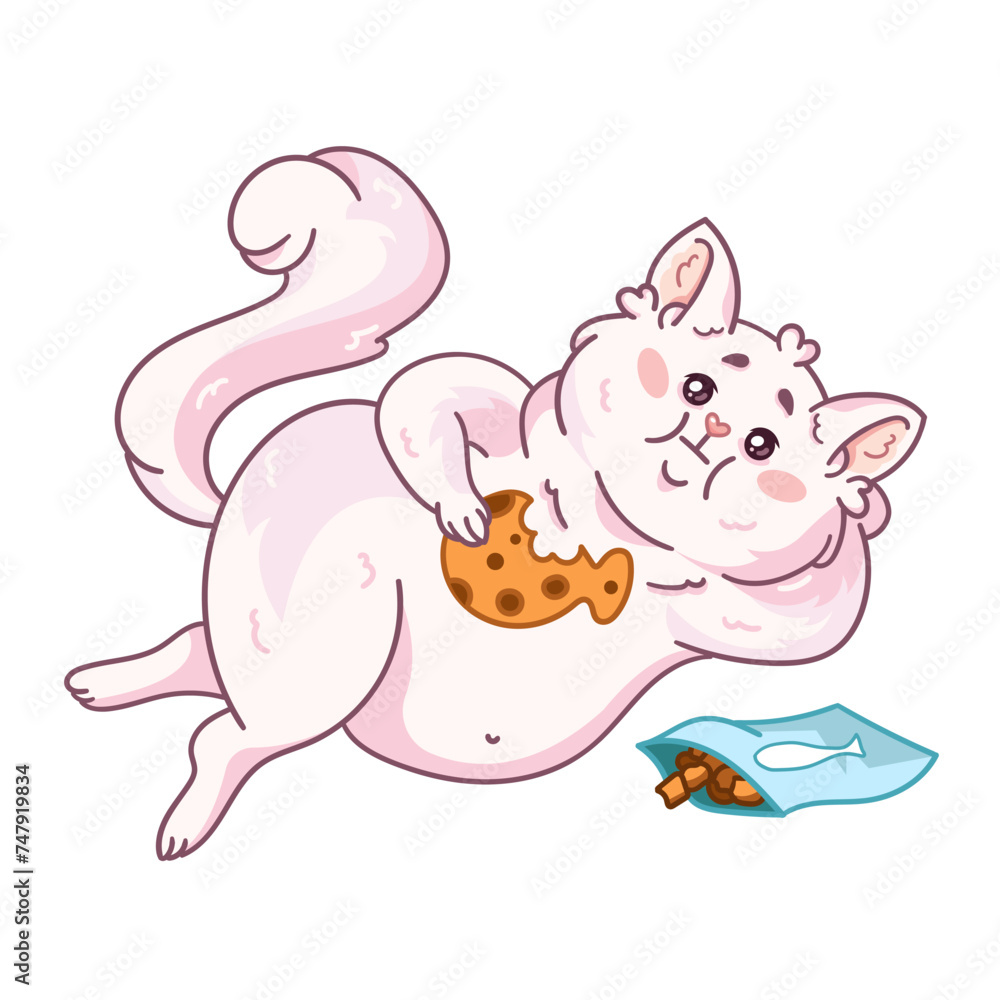 A cute white fluffy cat lies on its side and eats fish crackers. A fat cartoon pet character. Vector illustration isolated on a white background A cute white fluffy cat lies on its side and eats fish crackers. A fat cartoon pet character. Vector illustration isolated on a white background