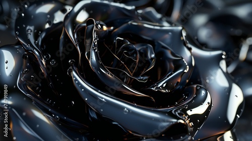 a portrait of a mystical midnight black rose in extreme macro, emphasizing its unique and enchanting darkness.