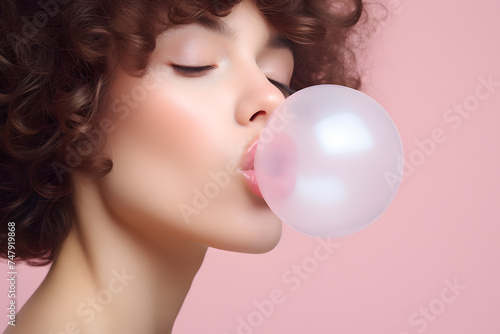 Brunette woman blowing large bubblegum bubble in front of pink studio background