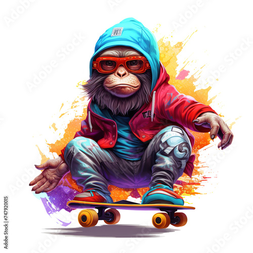 Monkey playing skateboard for Sublimation Printing. Hip hop. Animals. Illustration, Generative AI.