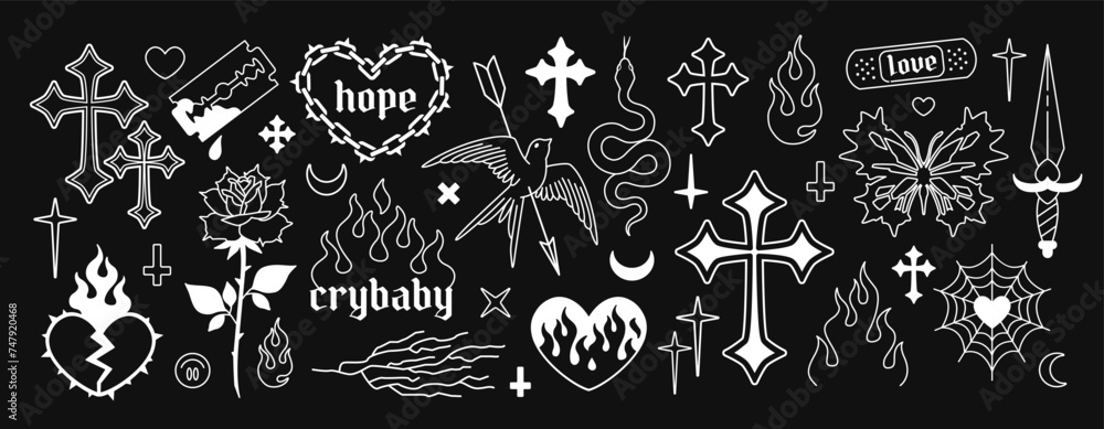 Fototapeta premium Y2k Goth Fashion elements in 2000s style. Y2k Gothic Cross, heart, butterfly, dead bird, dagger, etc. Opium style fashion print elements. Gothic apparel print design. Printable vector designs