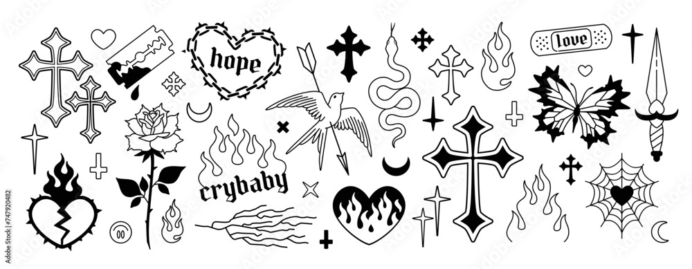 Y2k Gothic Fashion elements set in 2000s style. Y2k Gothic Cross, heart, butterfly, dead bird, dagger, etc. Opium style fashion elements. Gothic tattoo stickers. Printable vector designs Y2k Gothic Fashion elements set in 2000s style. Y2k Gothic Cross, heart, butterfly, dead bird, dagger, etc. Opium style fashion elements. Gothic tattoo stickers. Printable vector designs