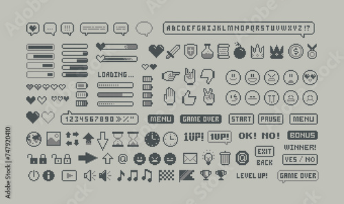 8-bit Game pixel graphics icons. Perfect pixel icons of game props, download bar, office icons, gestures and cursors. Retro Game loot and awards pixel art. Isolated vector	