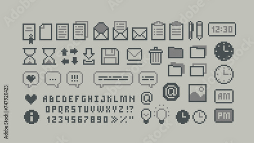 8-bit pixel graphics office icons set. Perfect pixel icons of, letter, folder, pixel font. Office organizer icons set of document, task, letter envelope. Retro game  element. Isolated vector	
