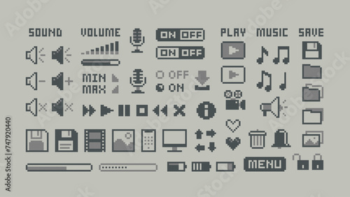 Perfect pixel icons of, media player buttons, computer icons, music notes, sound volume, scale, media. 8-bit Game icons and elements. Retro Game art. Isolated vector
