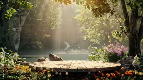 wooden podium with tropical lake as backdrop, beautiful scenery and illuminated by natural light.