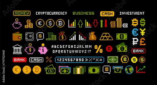 Pixel Money and Business elements icons set. 8-bit Pixel business icons set of cryptocurrency, exchange, infographics Pixel Piggy Bank icon. Payment icons in retro video game style. Editable vector