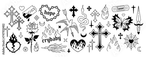 Y2k Gothic Fashion elements set in 2000s style. Y2k Gothic Cross, heart, butterfly, dead bird, dagger, etc. Opium style fashion elements. Gothic tattoo stickers. Printable vector designs photo