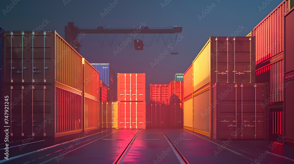 Fototapeta premium Nighttime Cityscape in Red and Blue with Industrial Structures, Warehouses
