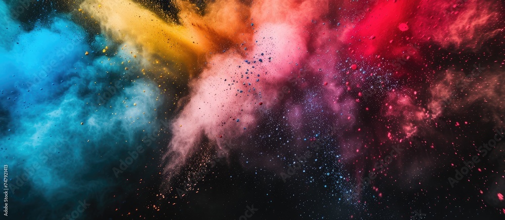 A group of colored powders explosively dispersing in a vibrant cloud against a stark black background, reminiscent of a festive Holi paint celebration. The powders showcase a myriad of bright colors