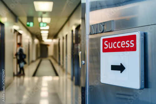The way to success. A sign with the word success and arrow pointing in a corridor of a business working office. Succeeding in a career and employment, getting promoted in a job