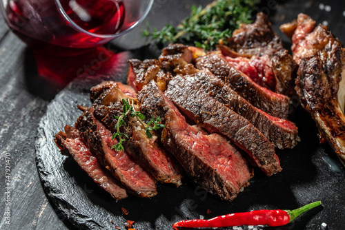 Foto sliced rib eye Tomahawk beef veal steak with red wine on a dark background