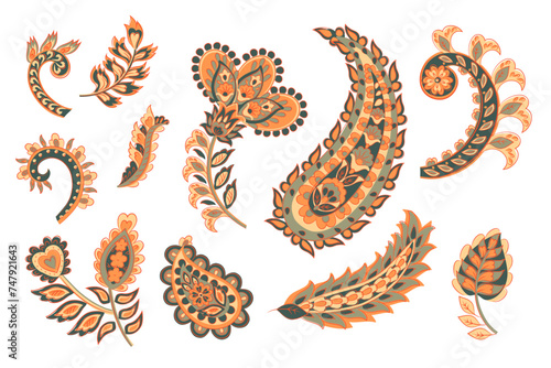 Vector set of isolated traditional Damask Paisley and Flowers