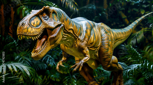 Tyrannosaurus rex dinosaur on a lush and verdant woods in the Cretaceous period - mesozoic era or age of dinosaurs concept