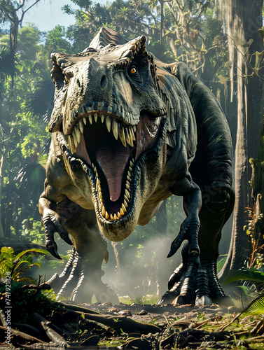 Tyrannosaurus rex dinosaur on a lush and verdant woods in the Cretaceous period - mesozoic era or age of dinosaurs concept © juancajuarez