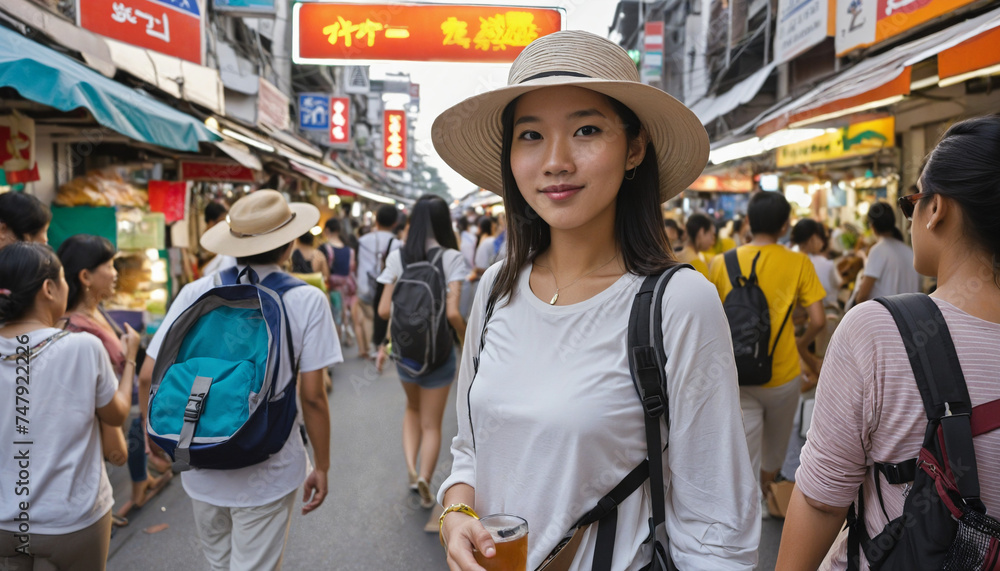 Woman traveler with backpack and hat sightseeing through the streets and street food stall markets in Asia