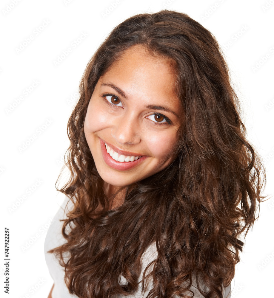 Portrait, female student and smile for fashion, close up and happy on white background. Confident, stylish or trendy with curly hair, Mexican woman and education at college with high angle in studio Portrait, female student and smile for fashion, close up and happy on white background. Confident, stylish or trendy with curly hair, Mexican woman and education at college with high angle in studio