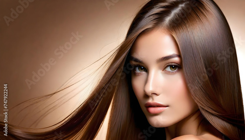 Model woman with shiny brown smooth healthy hair with long straight and shining natural beauty smooth skin. For care and hair products.