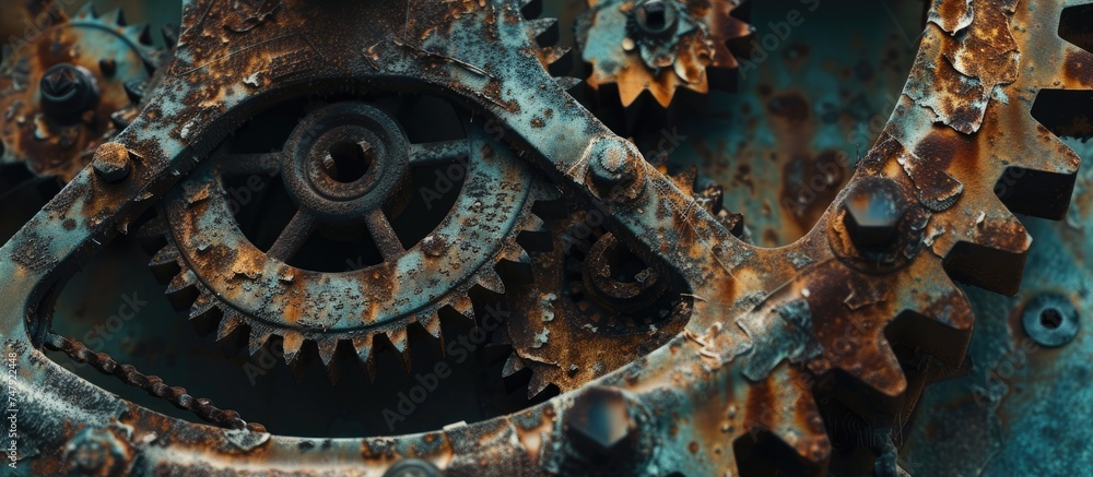 A detailed view of weathered and corroded metal cog wheels, showing the effects of rust and decay up close. The texture and patterns of the rust are prominently displayed, giving a sense of the A detailed view of weathered and corroded metal cog wheels, showing the effects of rust and decay up close. The texture and patterns of the rust are prominently displayed, giving a sense of the