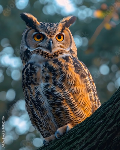 owl perched on a tree branch photo