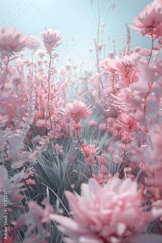 Pink flowers, in surreal 3d landscape, soft and dreamy tones, fairy tale Generative Ai 