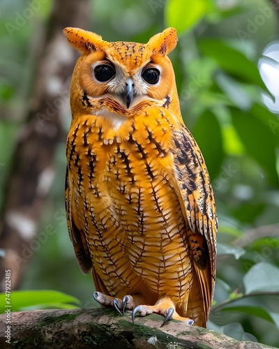 owl perched on a tree branch photo