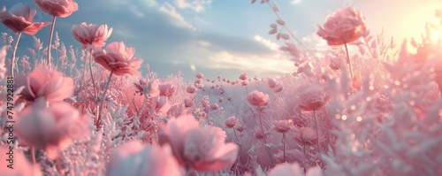 Pink flowers, in surreal 3d landscape, soft and dreamy tones, fairy tale Generative Ai 
