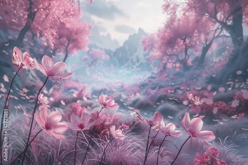 Pink flowers, in surreal 3d landscape, soft and dreamy tones, fairy tale Generative Ai 